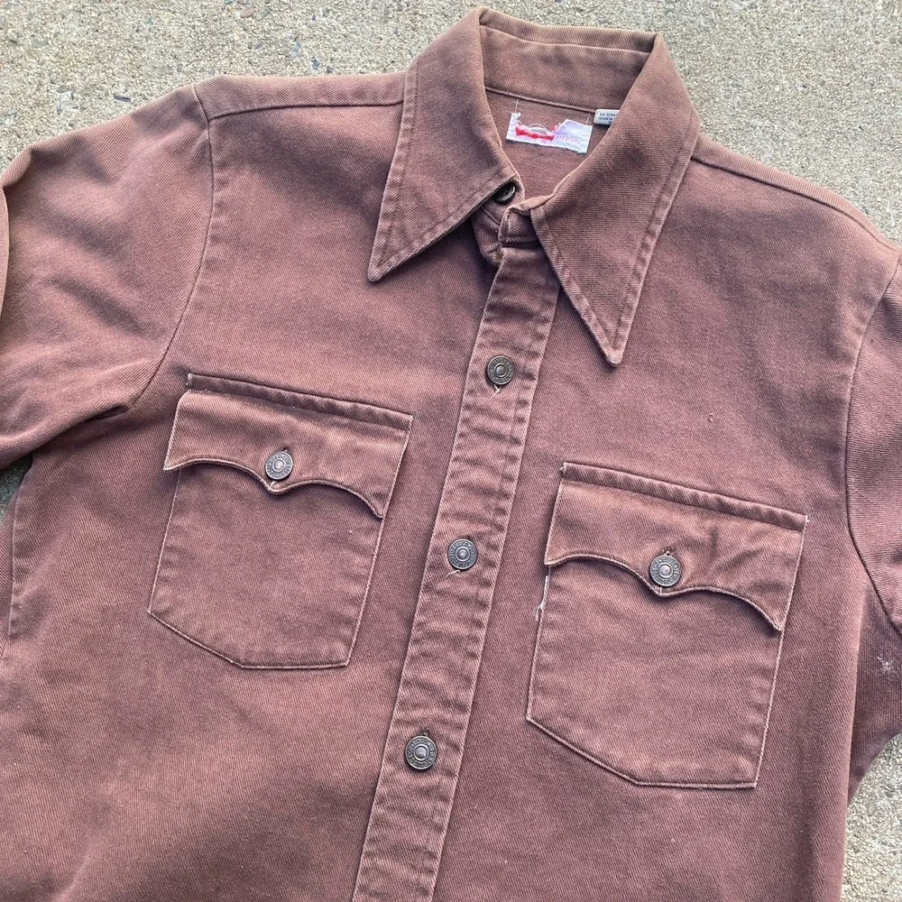 Vintage Levi's 70s Shirt-Jacket Medium Brown Cotton Twill Moleskin - Picture 2 of 9